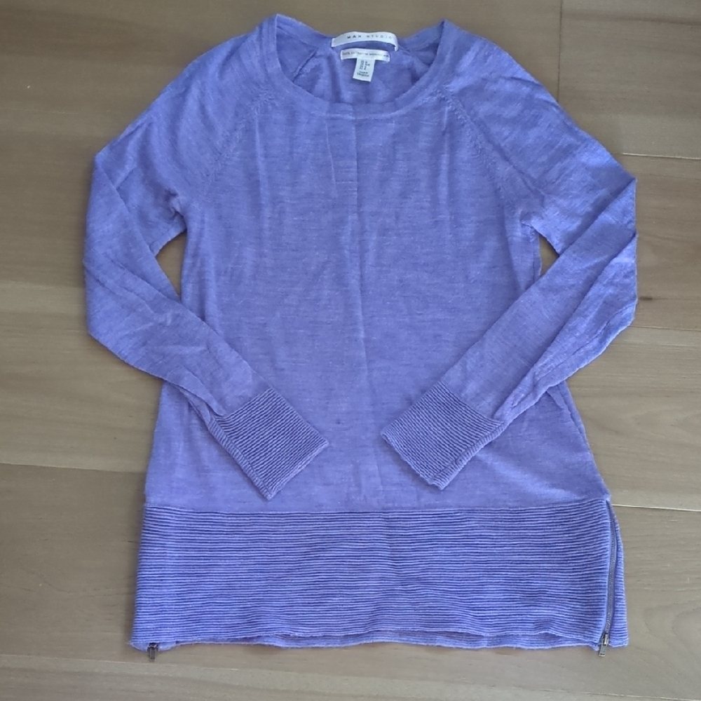 Max Studio Merino Wool Crew Neck Tunic Sweater Light Purple Size Medium